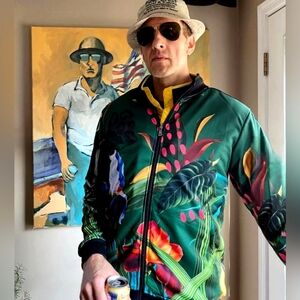 Dressed In Joy Emerald Green Tropical Zip Front Jacket w/Black Accent Trim